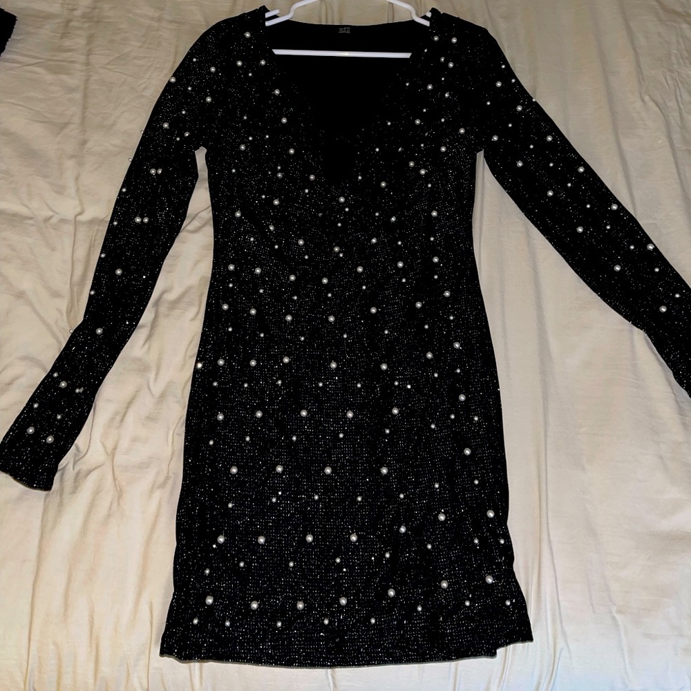 SHEIN BAE Pearls Beaded Cut Out Draped Front Split Cuff Bodycon Dress